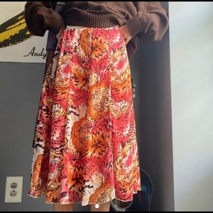 red orange white flowy floral midi skirt